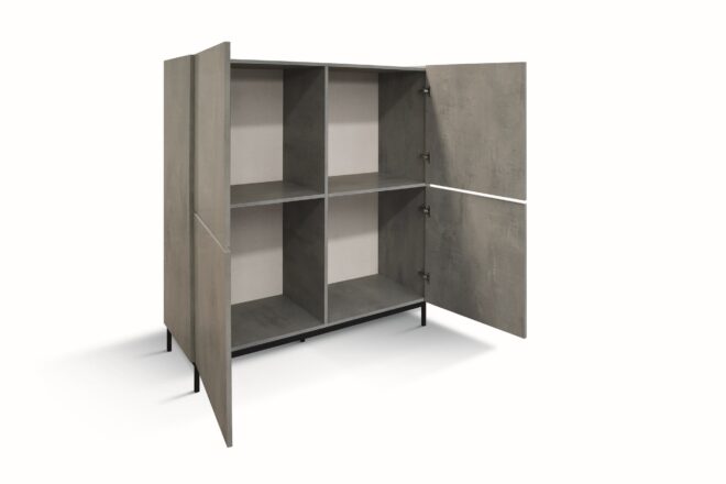 Credenza PIETRASANTA in legno, finitura in grigio cemento, piano effetto marmo statuario, 136x50 cm