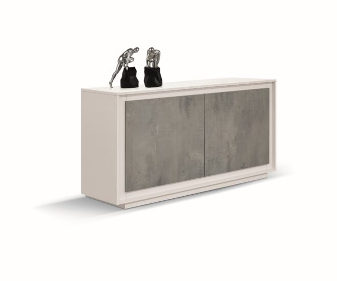 Credenza LAMPEDUSA in legno, finitura bianco frassinato, ante finitura grigio cemento