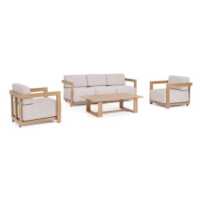 Set salotto THESEUS con 1 divano, 2 poltrone e 1 tavolino in alluminio effetto legno