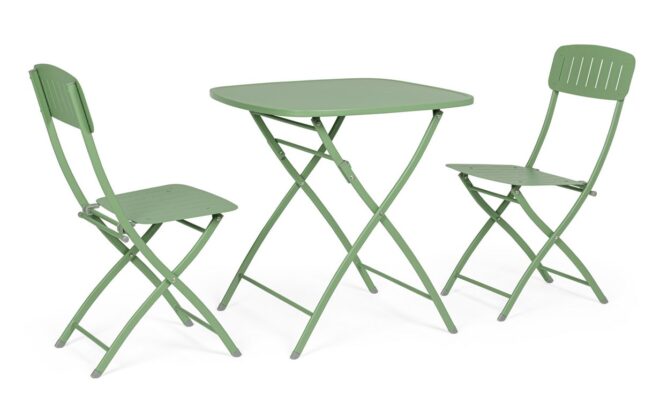 Set bistrot YVONNE con tavolo e 2 sedie in acciaio verde salvia
