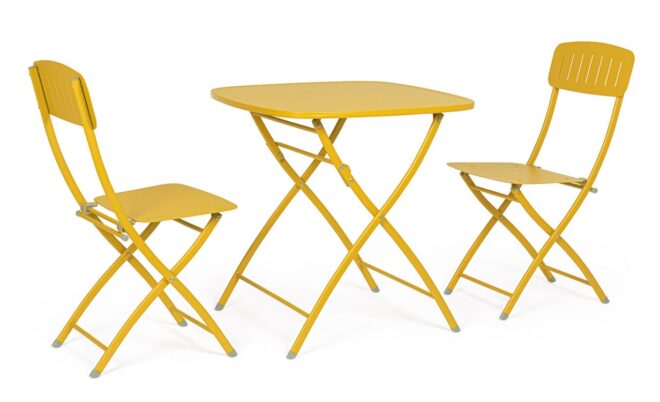 Set bistrot YVONNE con tavolo e 2 sedie in acciaio giallo ocra