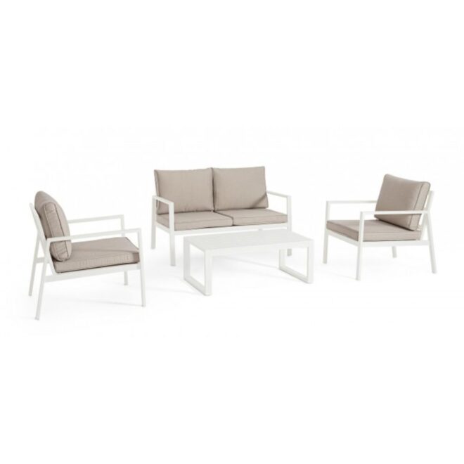 Set salotto HILDE con 1 divano, 2 poltroncine e 1 tavolino in alluminio bianco, con cuscini